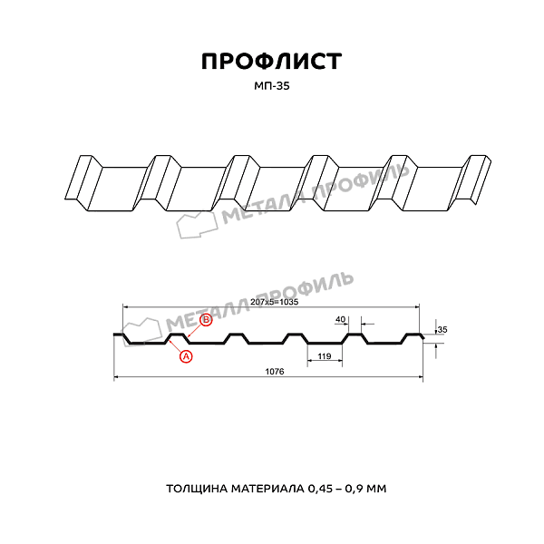 Профлист МЕТАЛЛ ПРОФИЛЬ МП-35x1035-A (VikingMP E-20-9005-0,5)