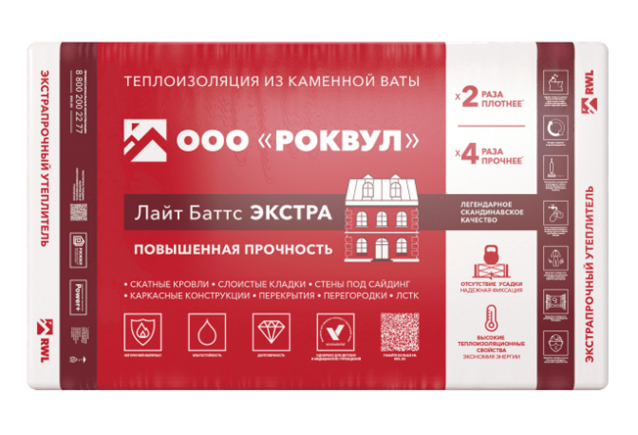 Утеплитель RockWool Лайт Баттс Экстра 1000х600х50 (8шт/пач. 4,80м2, 0,24м3, 24пач/пал)