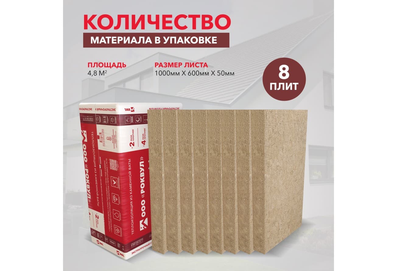 Утеплитель RockWool Лайт Баттс Экстра 1000х600х50 (8шт/пач. 4,80м2, 0,24м3, 24пач/пал)