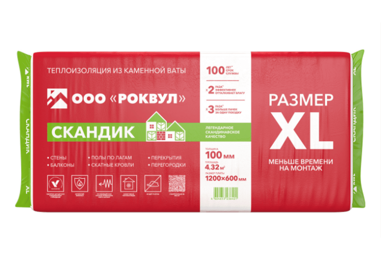 Утеплитель RockWool Лайт Баттс Скандик XL 1200х600х100 (6шт/пач. 4,32м2, 0,432м3, 24пач/пал)