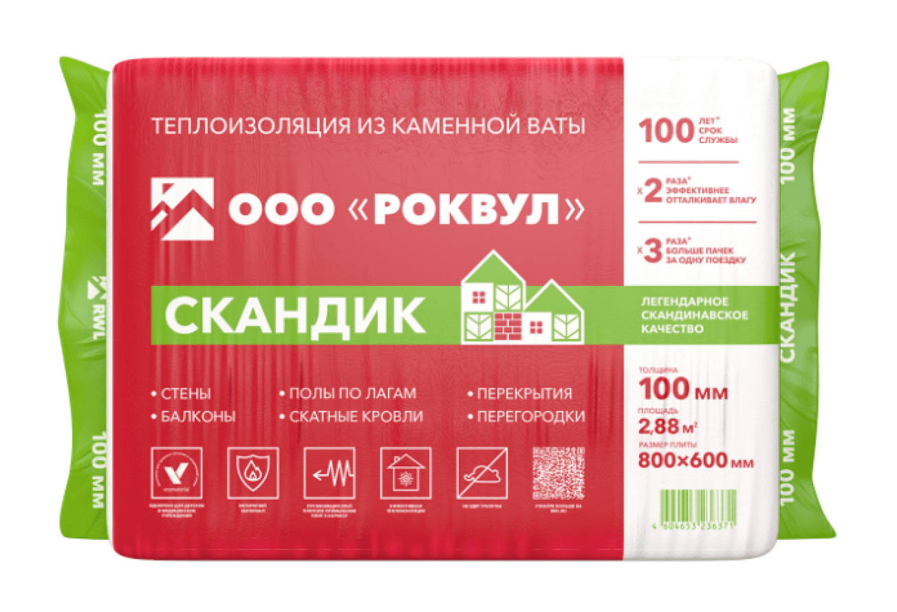 Утеплитель РОКВУЛ Лайт Баттс Скандик 800х600х100 (6шт/пач. 2,88м2, 0,288м3, 36пач/пал)