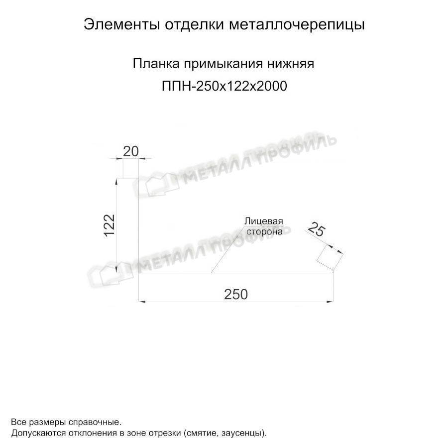 Планка примыкания нижняя 250х122х2000 покрытие NormanMP 0.50 мм - RAL 5015, Одностороннее покрытие