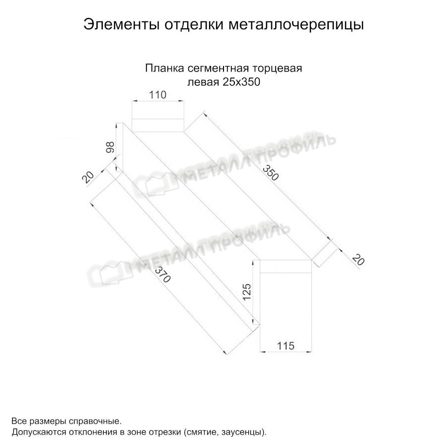 Планка сегментная торцевая левая 350 мм покрытие NormanMP 0.50 мм - RAL 5015, Одностороннее покрытие