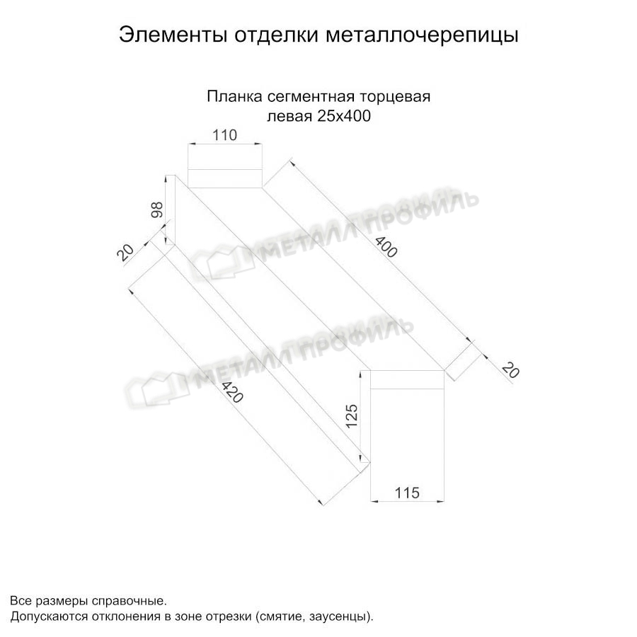 Планка сегментная торцевая левая 400 мм покрытие NormanMP 0.50 мм - RAL 5015, Одностороннее покрытие