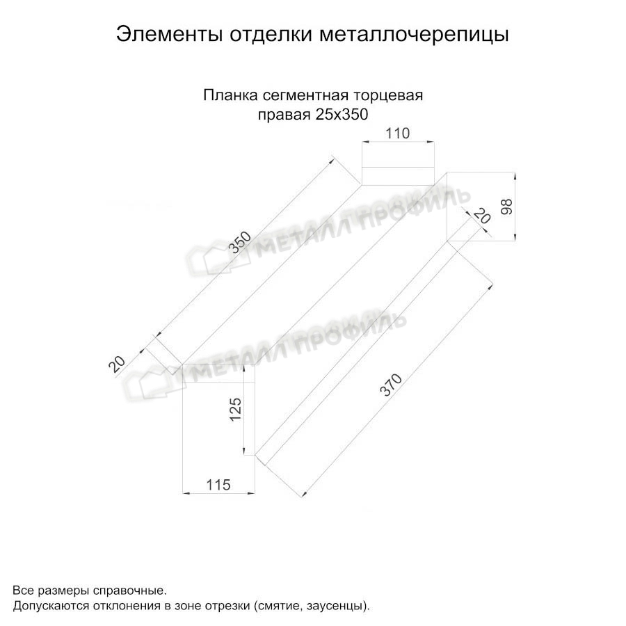 Планка сегментная торцевая правая 350 мм покрытие NormanMP 0.50 мм - RAL 5015, Одностороннее покрытие