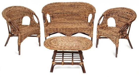 Комплект для отдыха "Mandalino"  ( диван + 2 кресла + стол овальный ) /без подушек/ walnut (грецкий орех), плетение-банановые листья