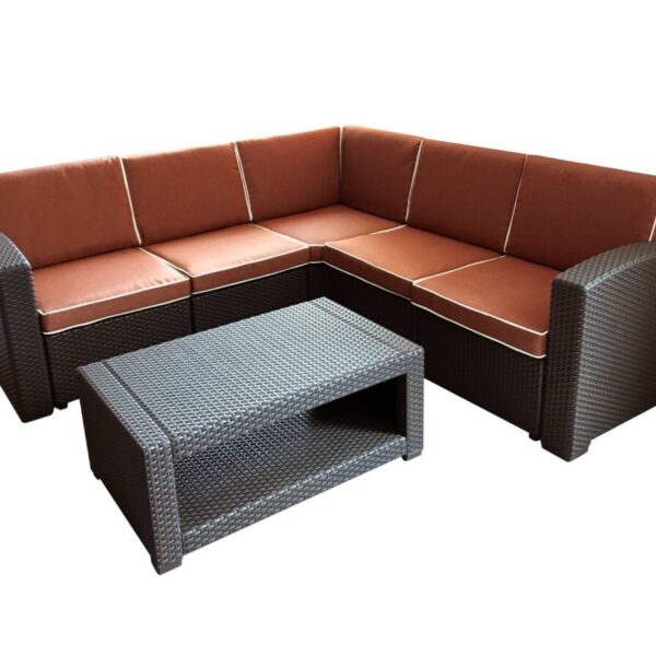 Угловой диван венги  5 мест + столик RATTAN Premium Corner  . Подушки оранжевые.